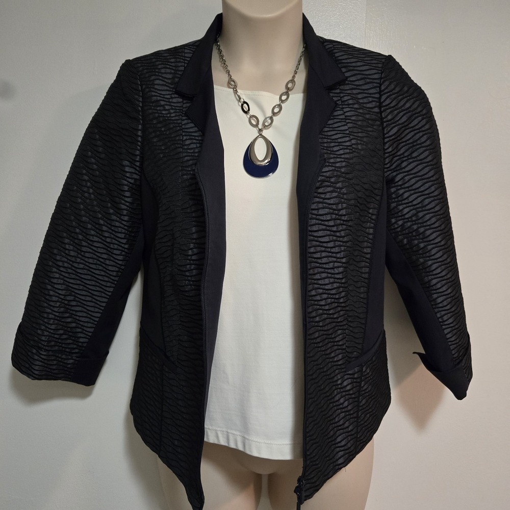 Lafayette 148 New York Size 14W Navy Blue Textural Fitted Full Zip Cuffed Jacket